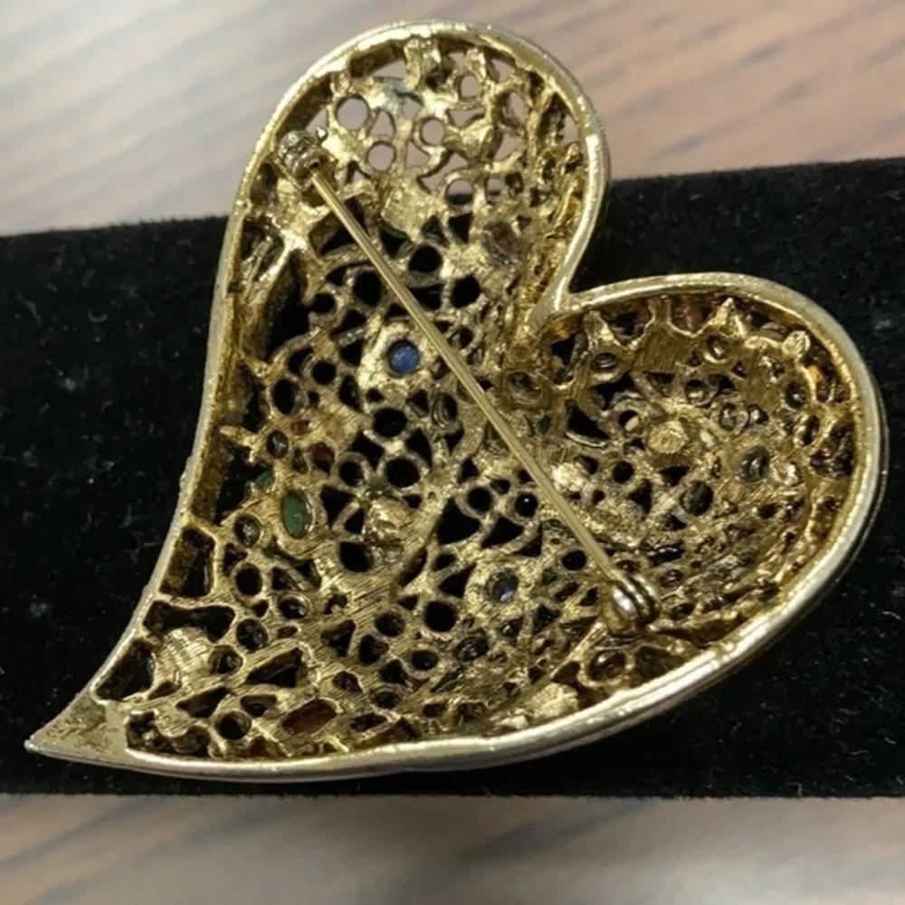Heart statement pin in antique gold tone with colored faux stones & crystals